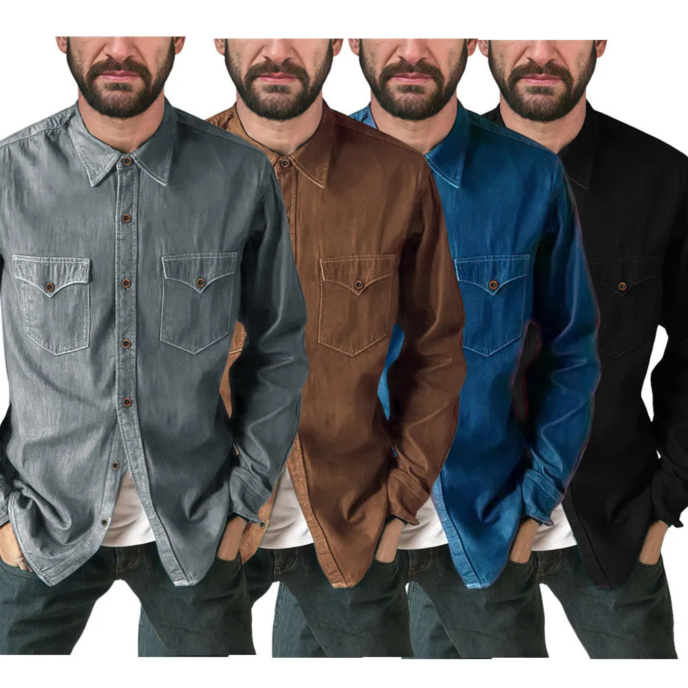 Cotton denim cardigan coat on a hanger, shown in khaki, black, blue, and grey colour options.