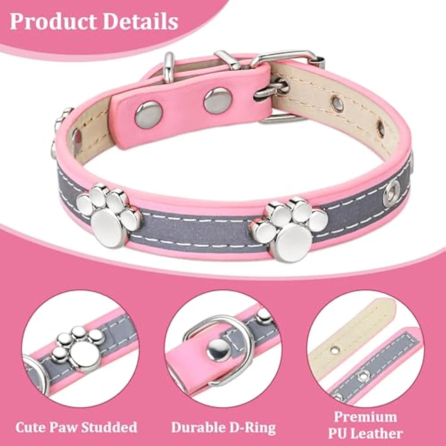 Reflective PU leather dog collar with metal buckle and decorative paw rivet, shown on a size chart.