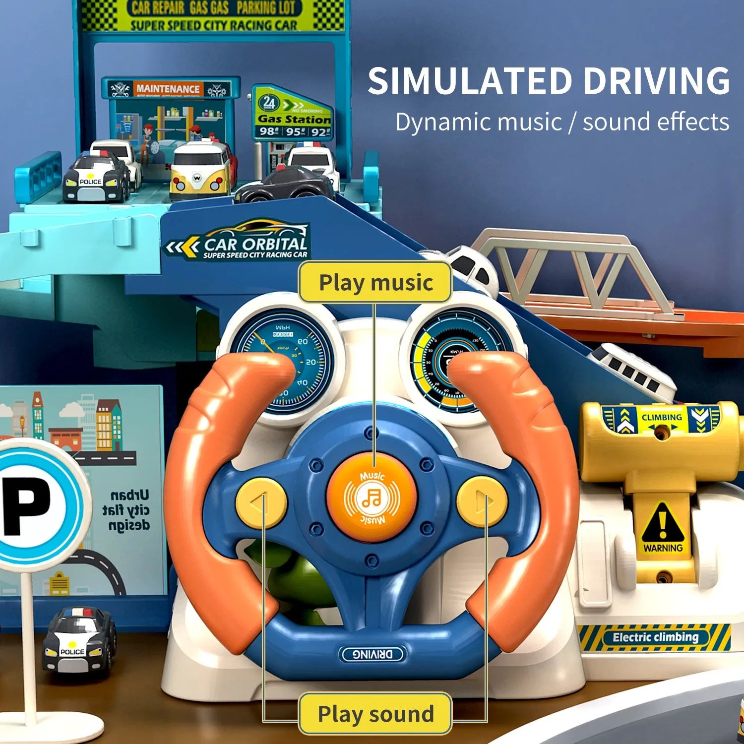 Children's adventure steering wheel car building set with 4 cars and urban traffic rail medium English version