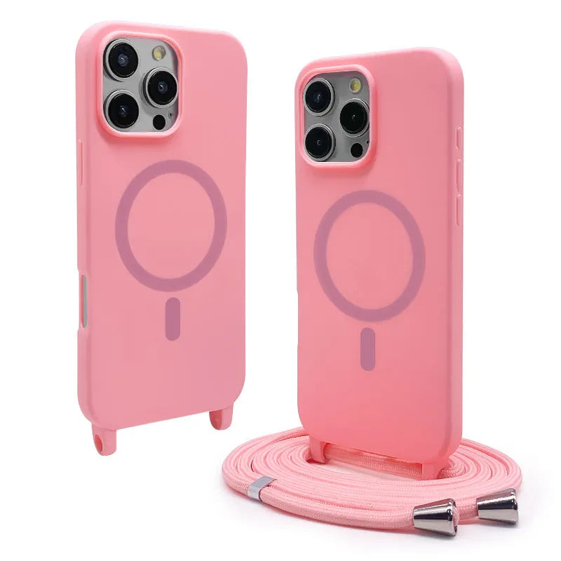Magnetic lanyard phone case for iPhone in black with crossbody lanyard and protective edges