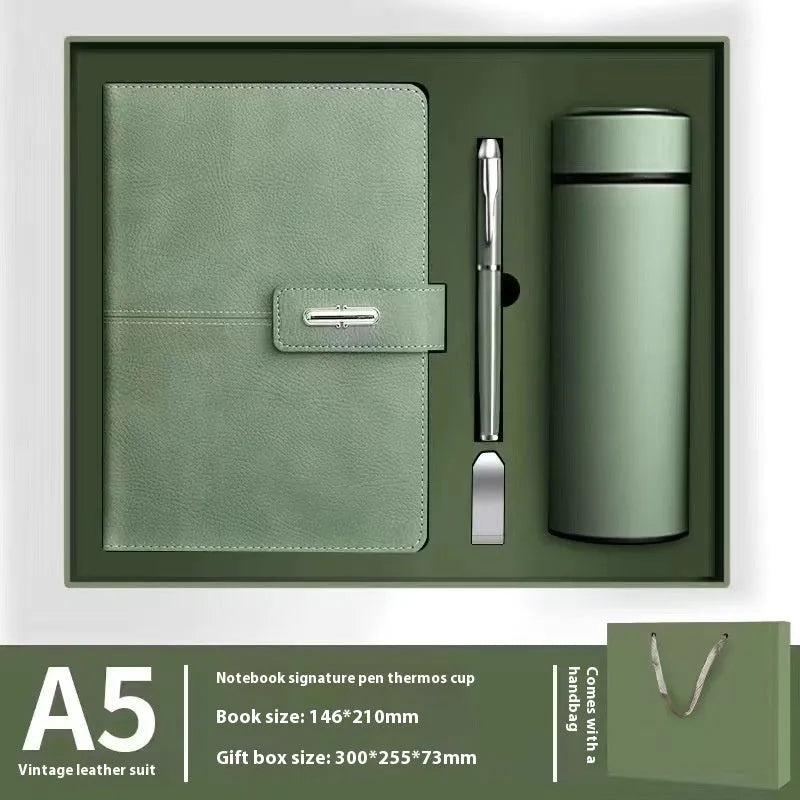 A5 notebook with PU leather cover in one of six colour options, showing wood-free paper inside.