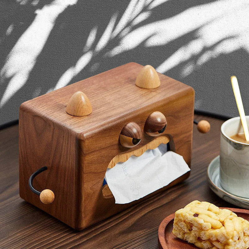 Little Monster cartoon design wooden tissue box in walnut beech finish, 190mm wide.