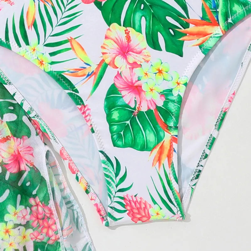 Girls floral two-piece swim briefs in a Korean style, high elasticity polyester fabric.