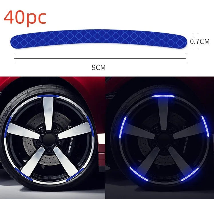 Pack of 20 arc-shaped reflective PVC stickers for car wheel hubs in various colour options