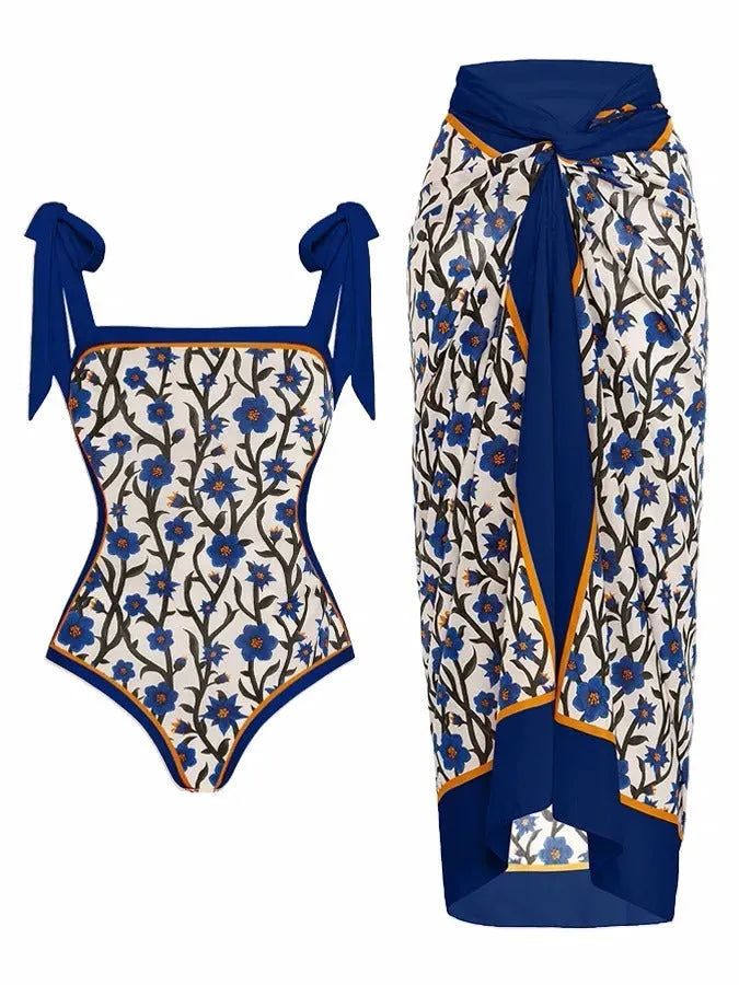 Women's floral printed chiffon two-piece swimsuit with attached skirt shown in one of 15 colour variations.