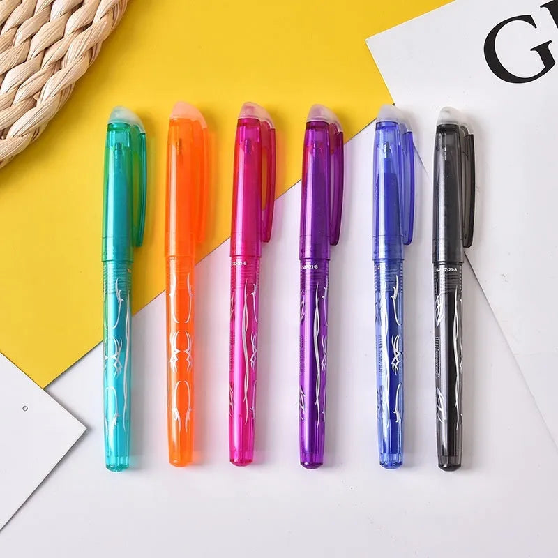 Set of heat-erasable gel pens with plastic shells and stainless steel nibs, showing 0.5mm and 0.7mm tip options.