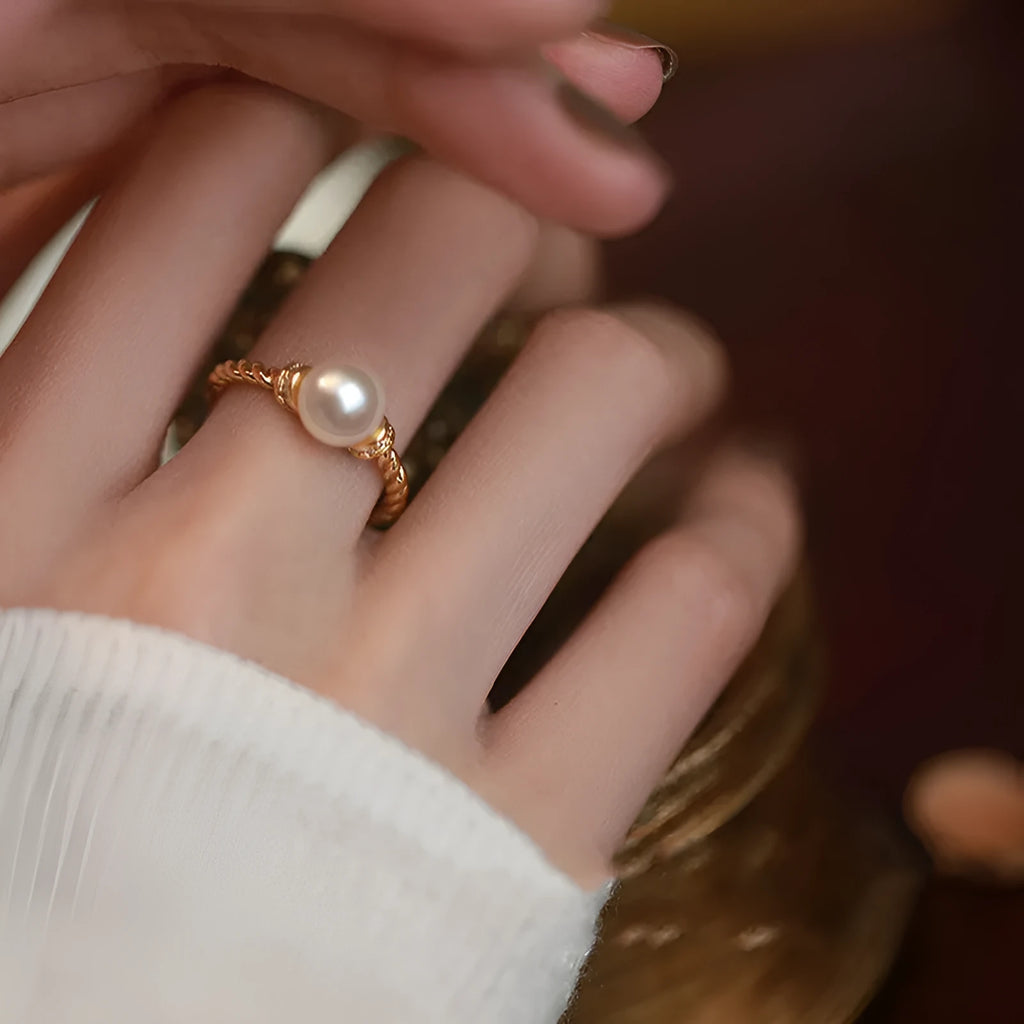 Adjustable copper pearl ring with geometric design in gold or silver antique twist style