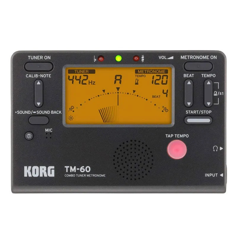 TM-60 black and white plastic electronic metronome tuner with digital display.