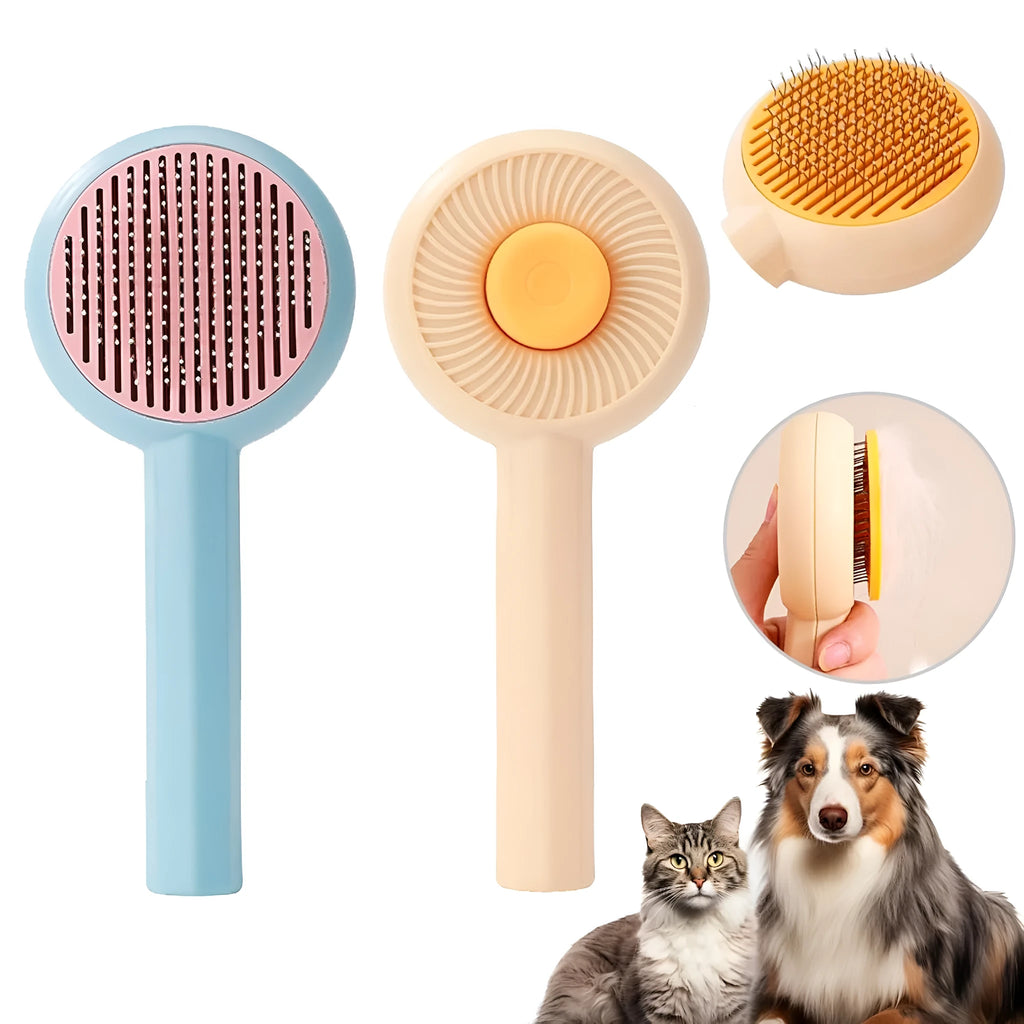 Blue pet grooming brush with metal needles and self-cleaning button for cats and dogs