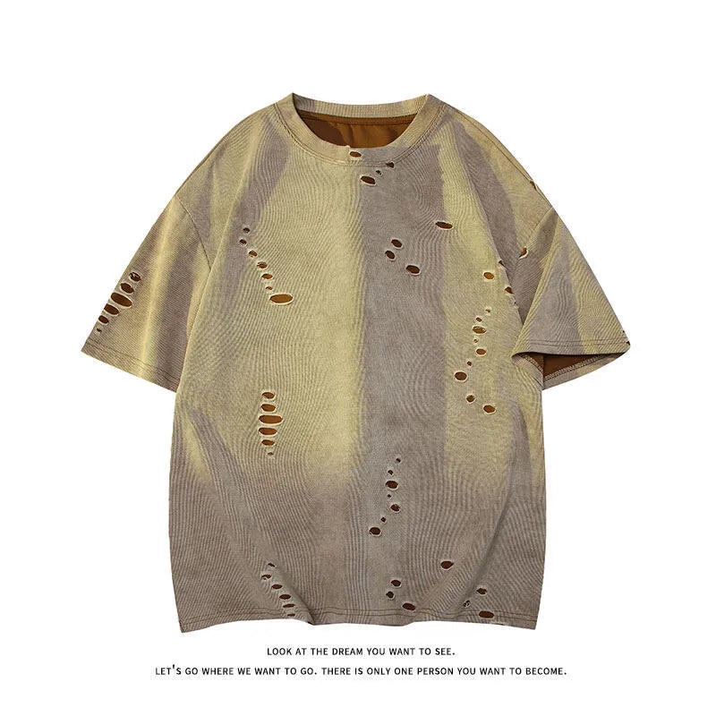Men's loose fit cotton blend ripped short sleeve pullover in blue casual t-shirt style