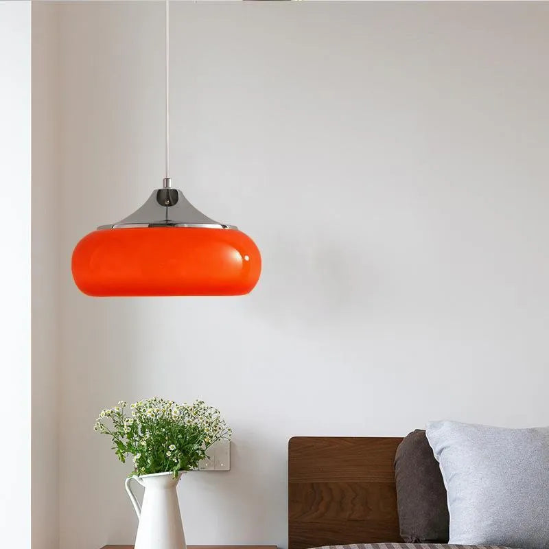 Bauhaus style three headed egg tart pendant light with glass shades in milky white finish