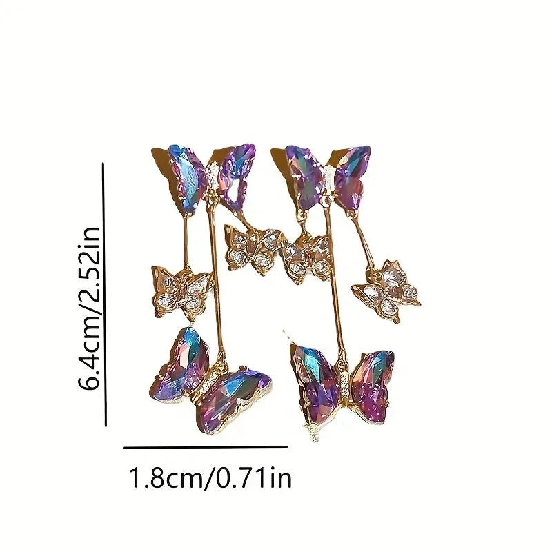 Blue purple butterfly tassel drop earrings with silver needle crystal flowers for women