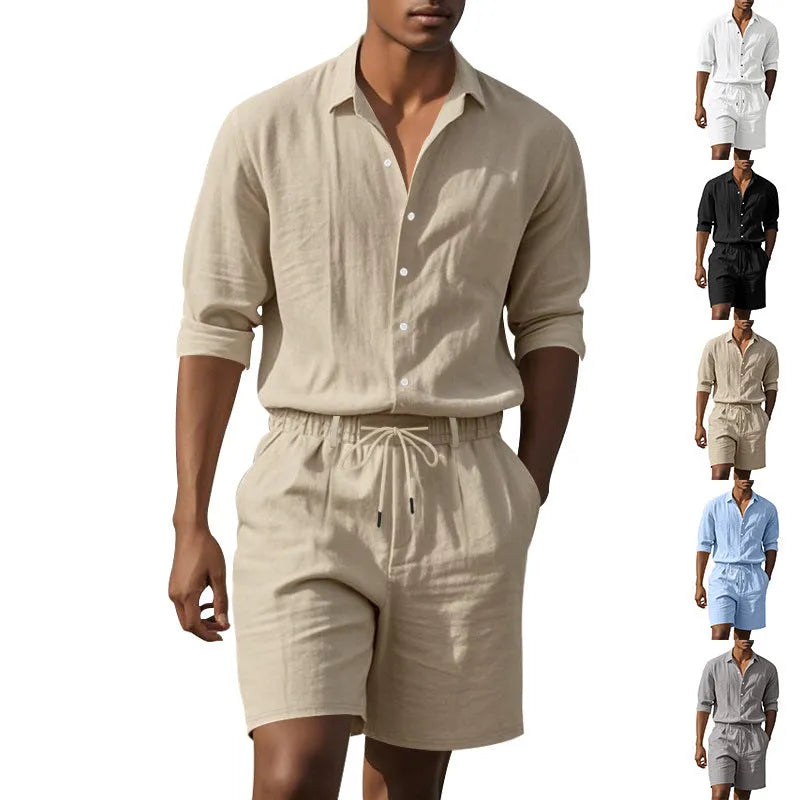 Men's linen beach suit set showing long sleeve shirt and matching shorts in light blue colour