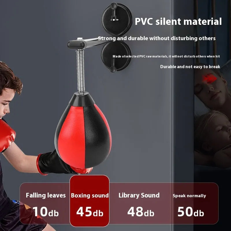 Hanging speed ball boxing training equipment with red and black ball head and suction cup mounting system
