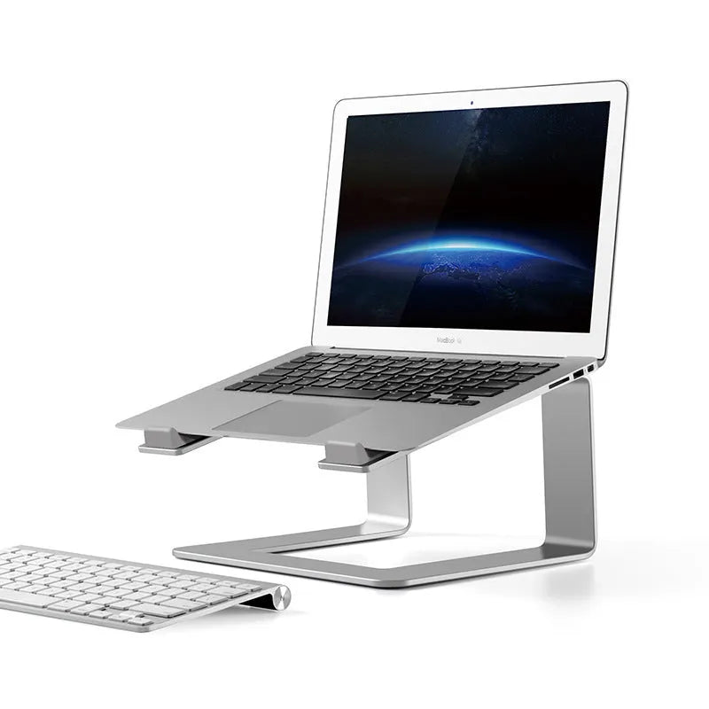 Aluminium laptop stand in black colour showing 29.9cm width and 18.5cm height dimensions
