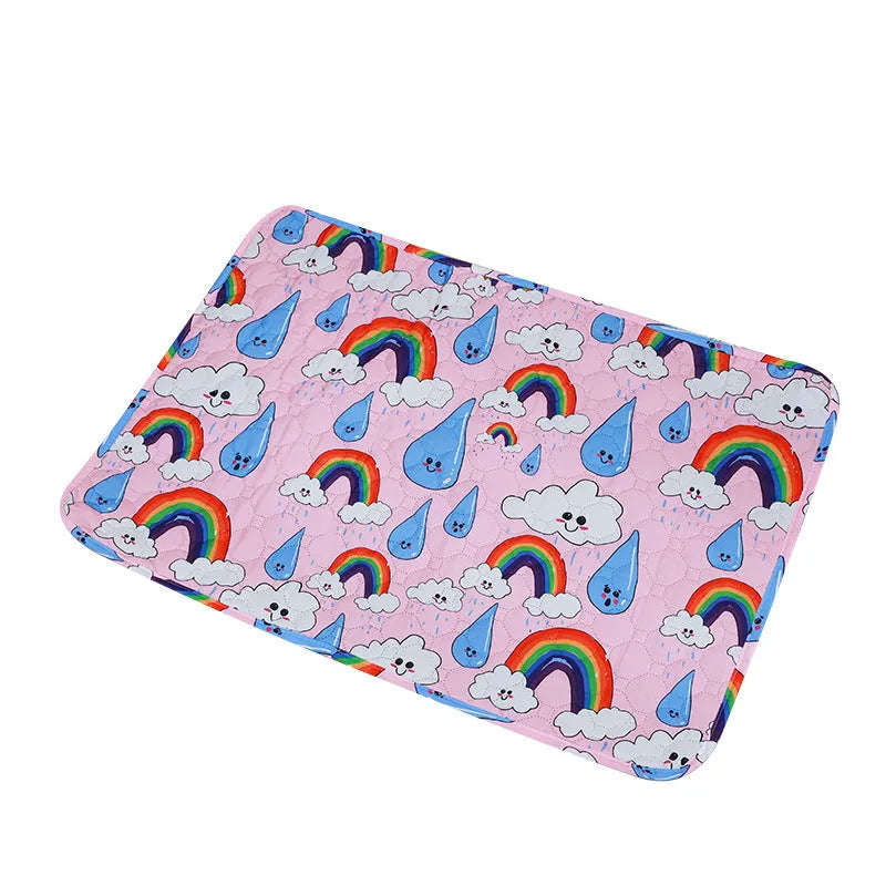Reusable washable pet urine pad showing colour patterns and size options for dog and cat training