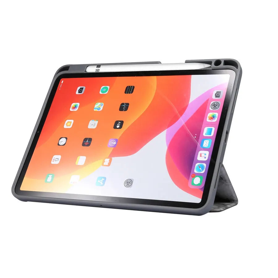 iPad tri-fold leather case with marbling design showing built-in Apple Pencil slot and plane housing construction