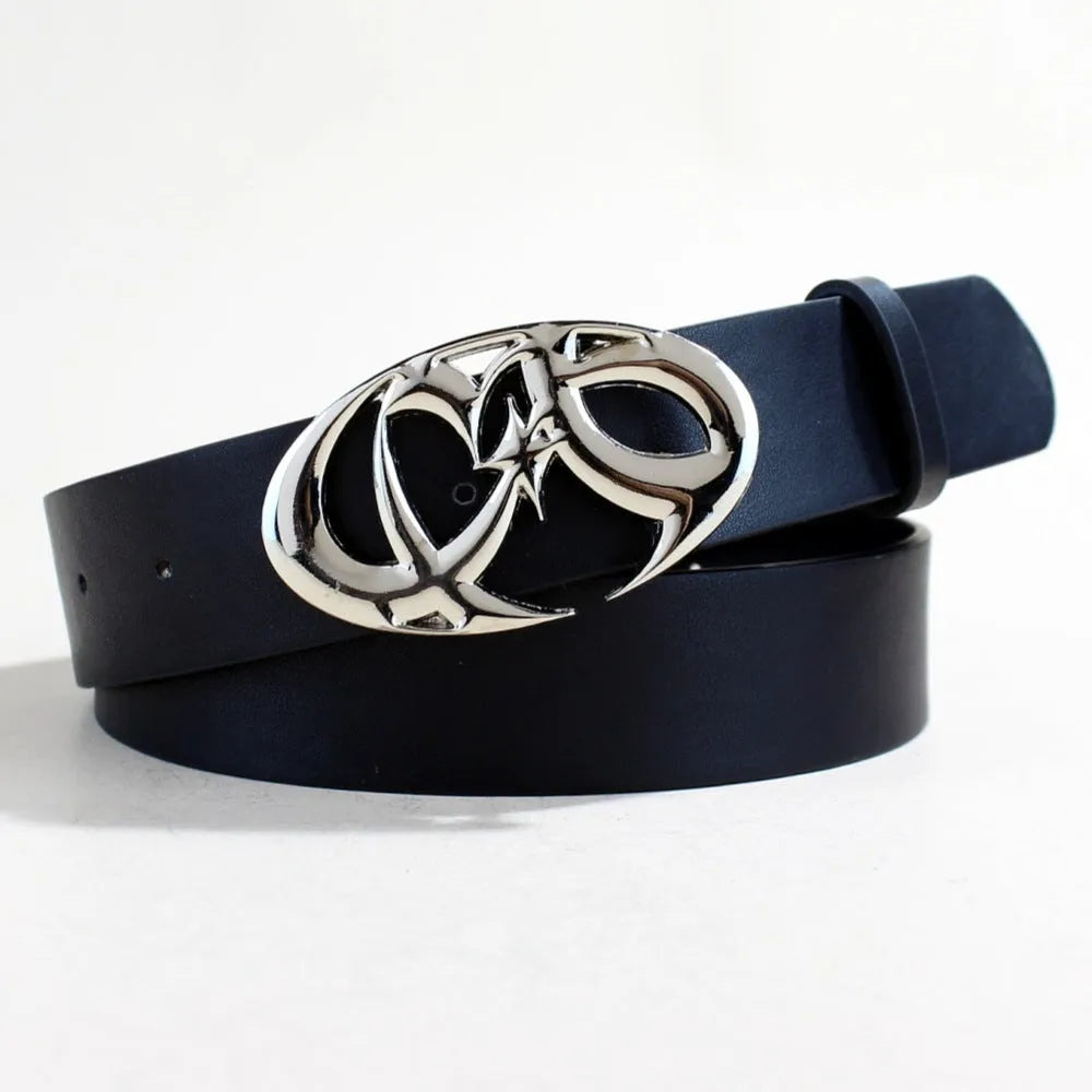 Silver buckle casual PU leather belt with snap button fastening, 105cm long