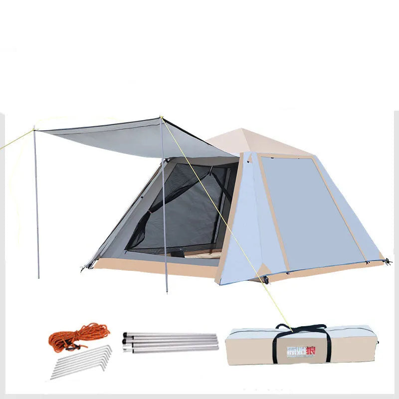 Fully automatic quick-open double-layer camping tent with aluminum poles, sunscreen fabric, and anti-mosquito mesh, in white.