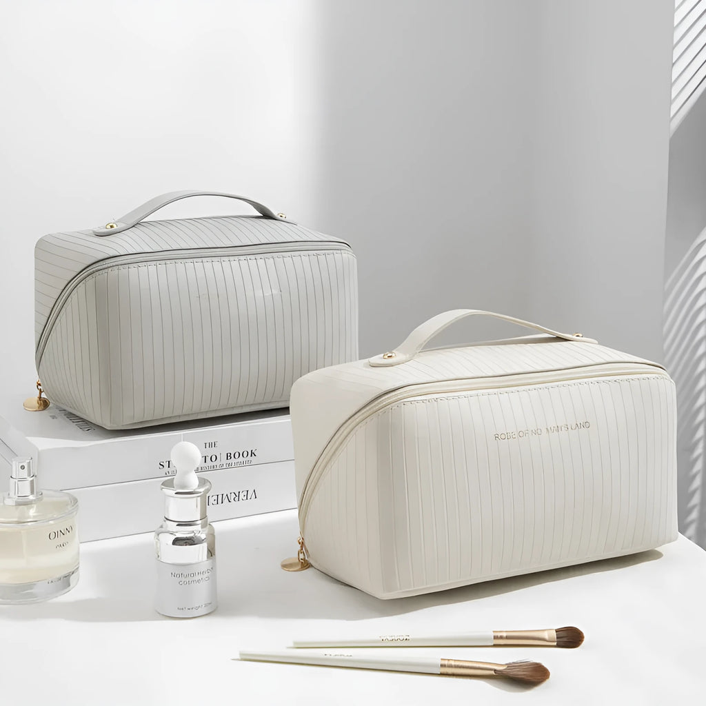Vertical pattern pillow makeup bag in cubic shape, PU material, shown in available colours.