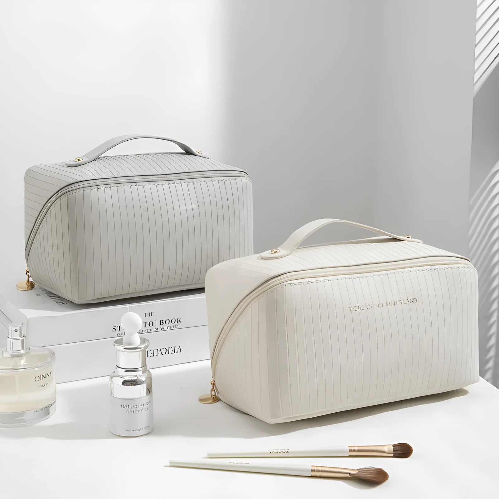 Vertical pattern pillow makeup bag in cubic shape, PU material, shown in available colours.