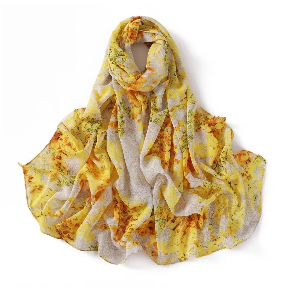Printed polyester chiffon scarf with plaid maple leaf pattern in 70x175cm size