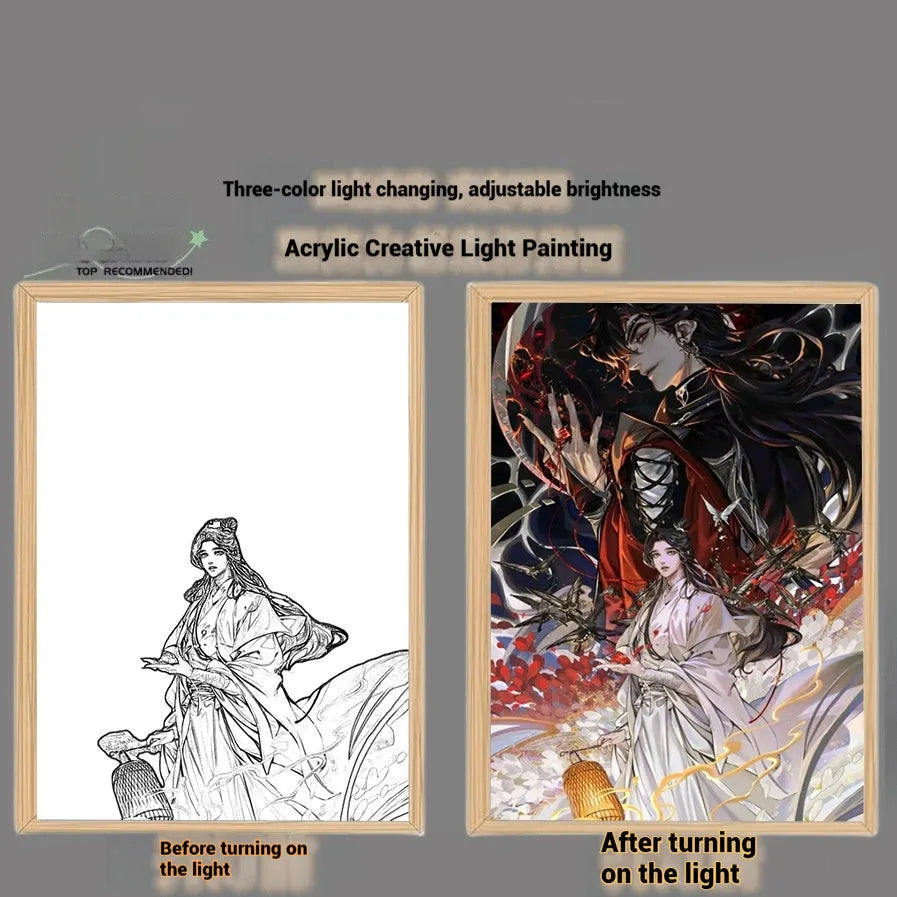 Wooden framed decorative painting of Huacheng and Xie Lian from Tian Guan Ci Fu with USB light option