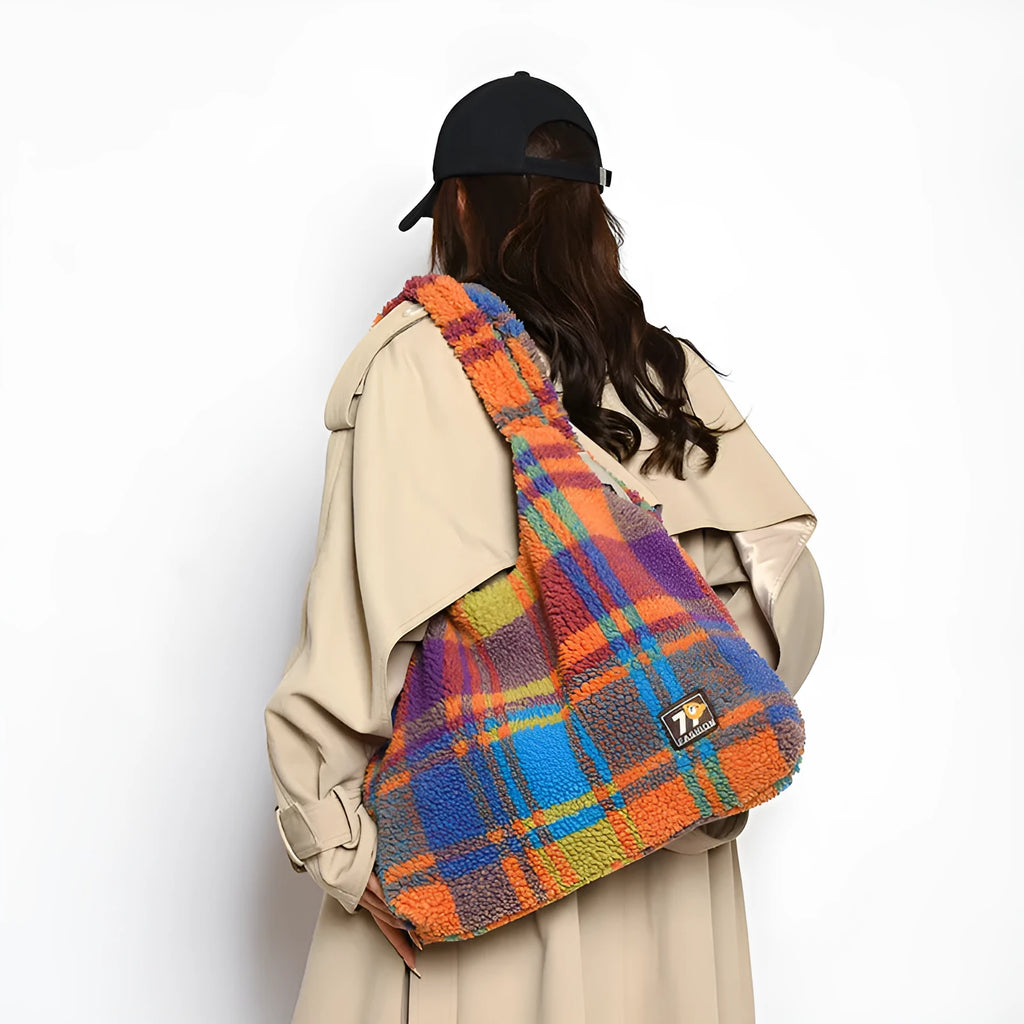 Women's plaid plush shoulder tote bag in horizontal square shape with crossbody strap