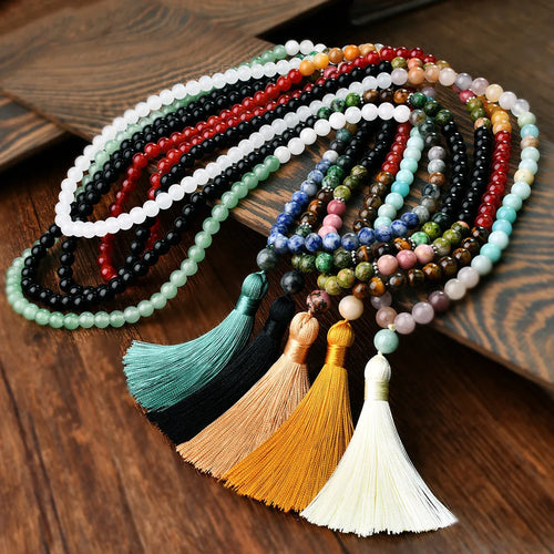 Long 108 natural stone bead necklace with mixed gemstone tassel pendant in bohemian style.