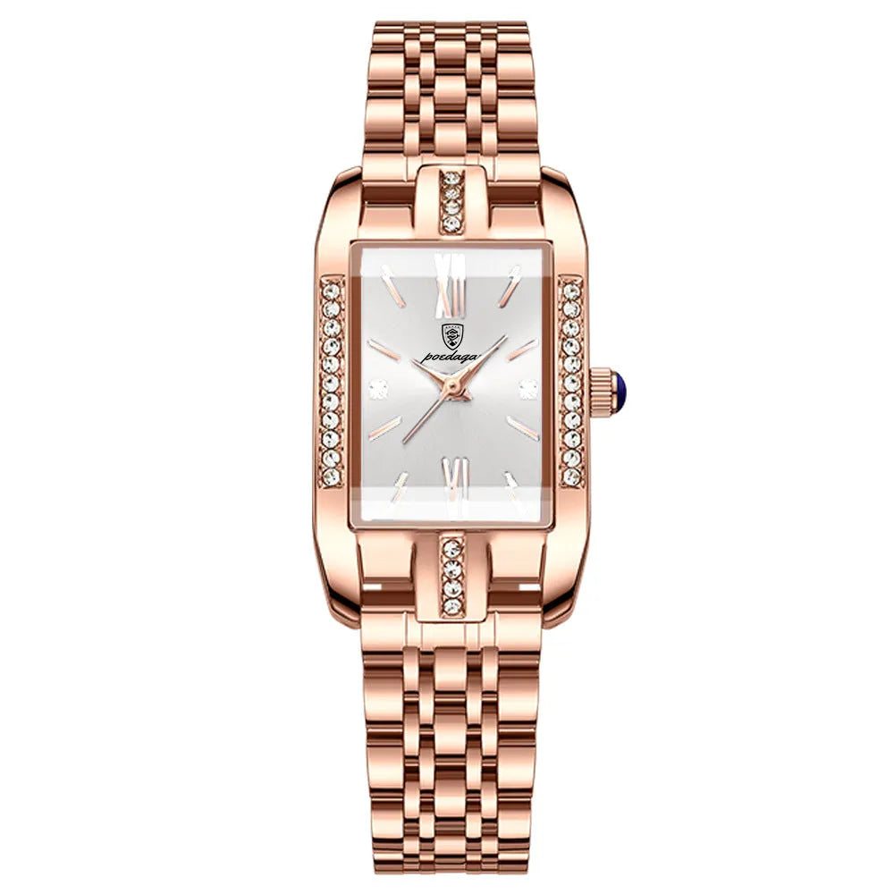 Ladies rectangular stainless steel quartz watch with green face and steel bracelet on white background