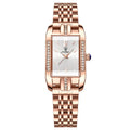 Ladies rectangular stainless steel quartz watch with green face and steel bracelet on white background