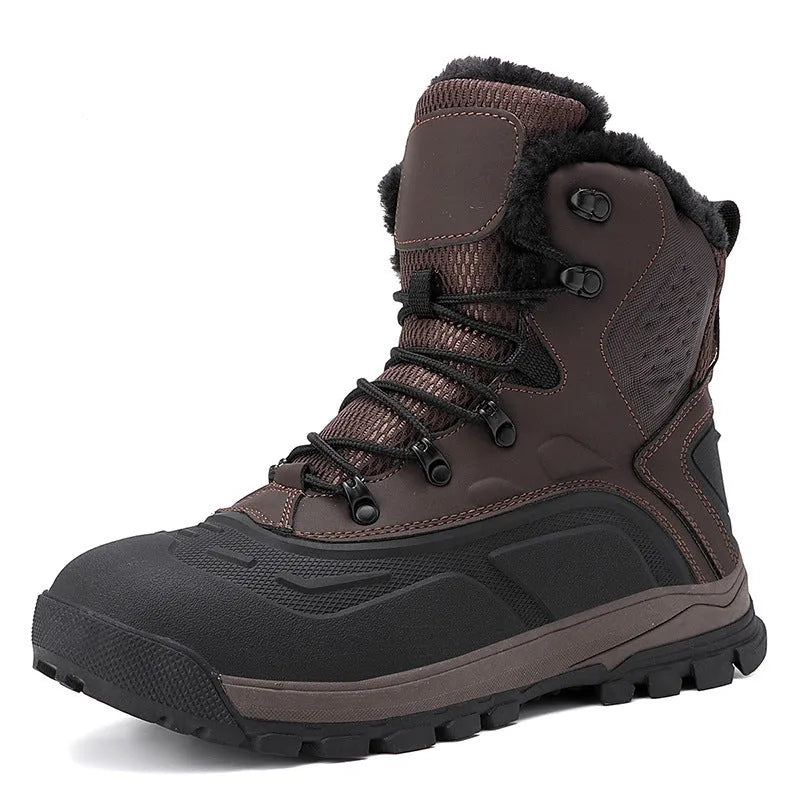 Men's black high-top lace-up boots with fleece lining, shown on a size chart