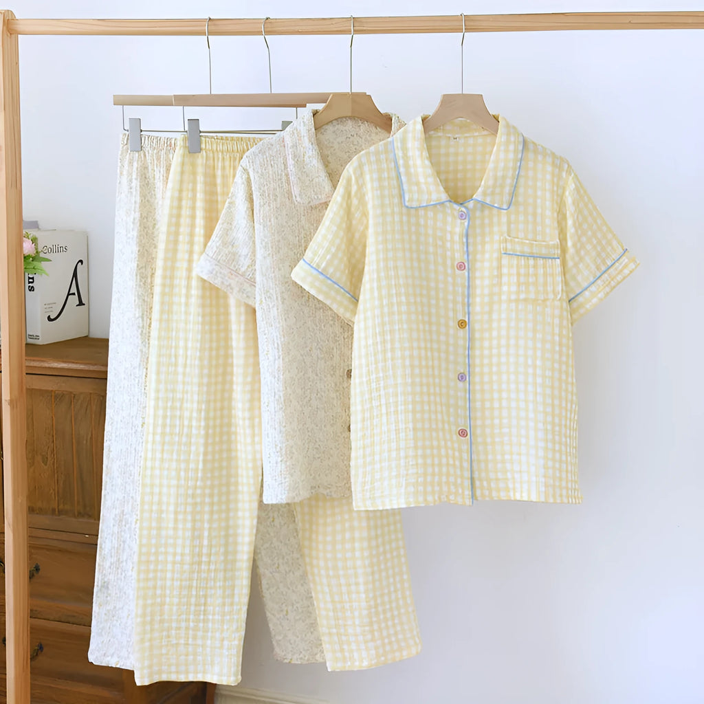 Women's washed cotton gauze short-sleeved trousers casual outfit set in flower sea pattern