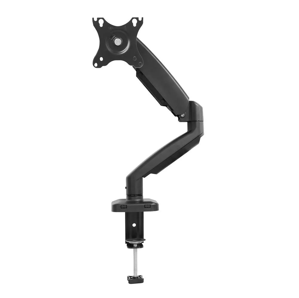 Black rotating telescopic LCD screen bracket elevated on desk with adjustable height and tilt