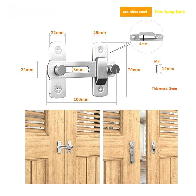 Black carbon steel and stainless steel sliding door lock with a 90-degree latch and flat shackle.
