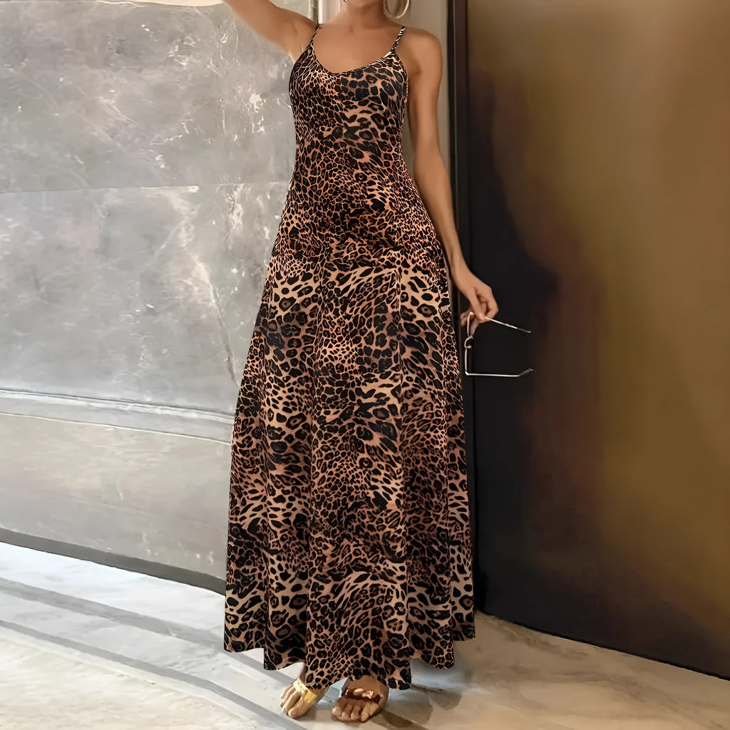 Dark brown leopard print casual dress with sleeveless design and round neckline