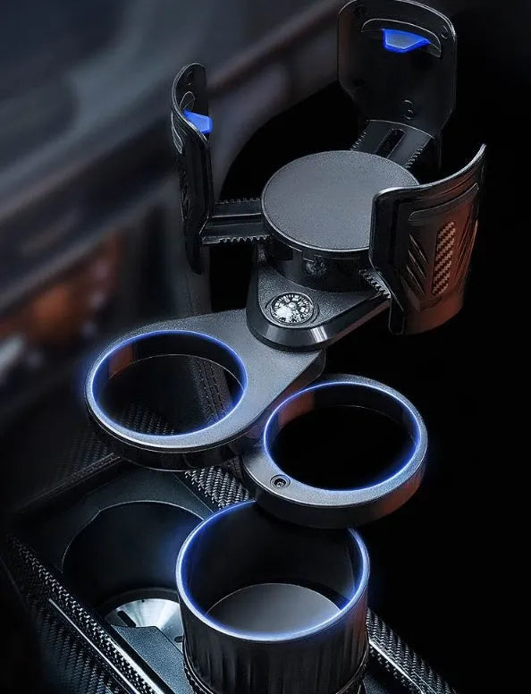 Black carbon fibre finish adjustable car cup holder with retractable base on a car console.