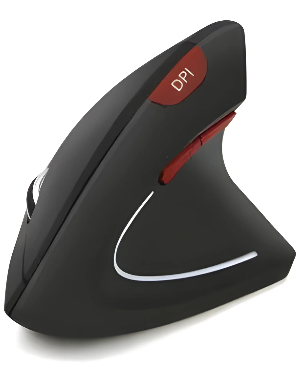 Vertical Vertical wired optical mouse in black with USB cable, six buttons, and four-way wheel on a laptop desk