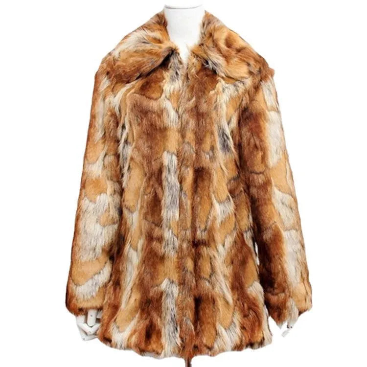 Women's tiger pattern artificial fur leather jacket in medium length 65cm with long sleeves