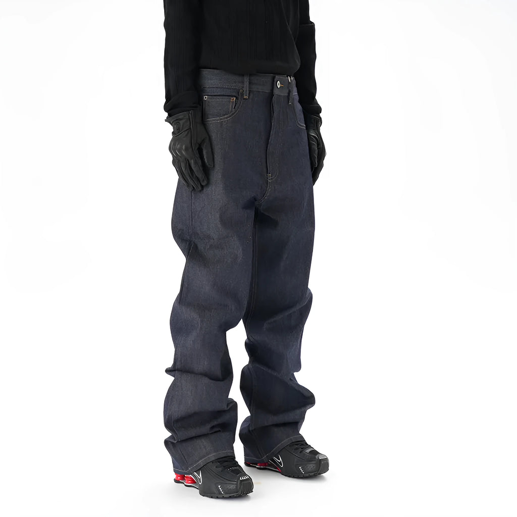Dark blue loose straight denim jeans for men
