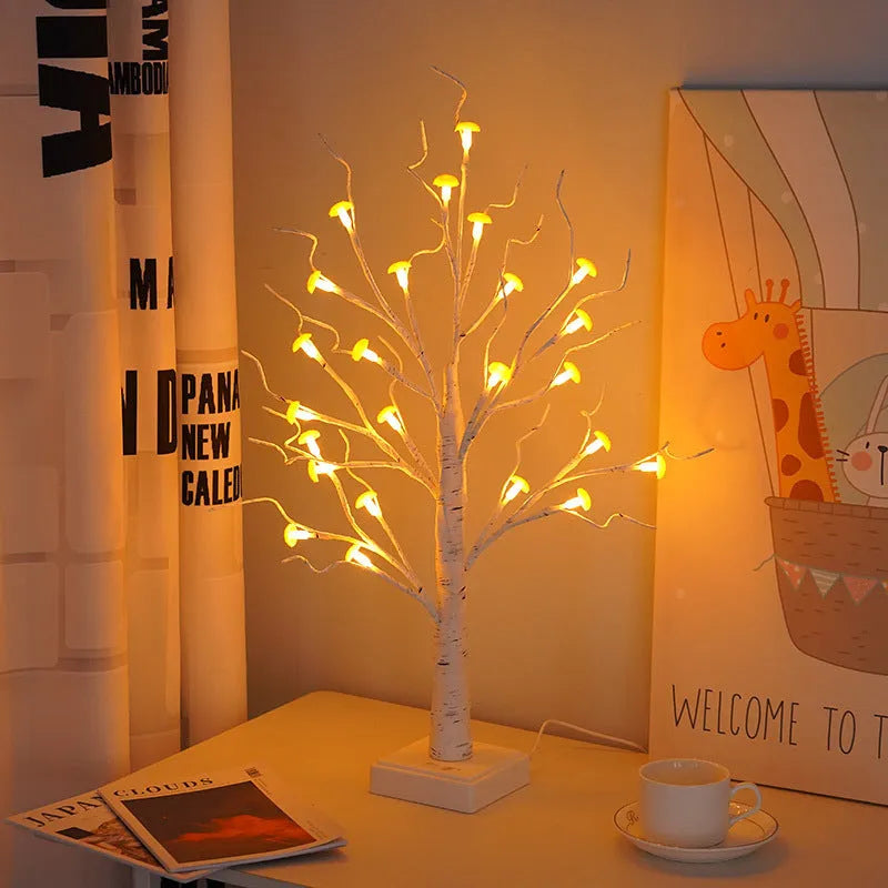 60cm tall birch tree LED lamp with 24 white mushroom decorations glowing with warm white light
