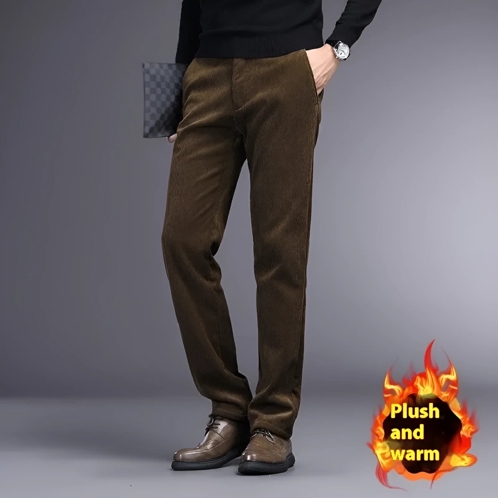 British retro striped straight pants in polyester blend fabric with zip placket fly opening