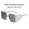 Large square frame sunglasses shown in multiple colour options including black, blue, and gradient lenses.