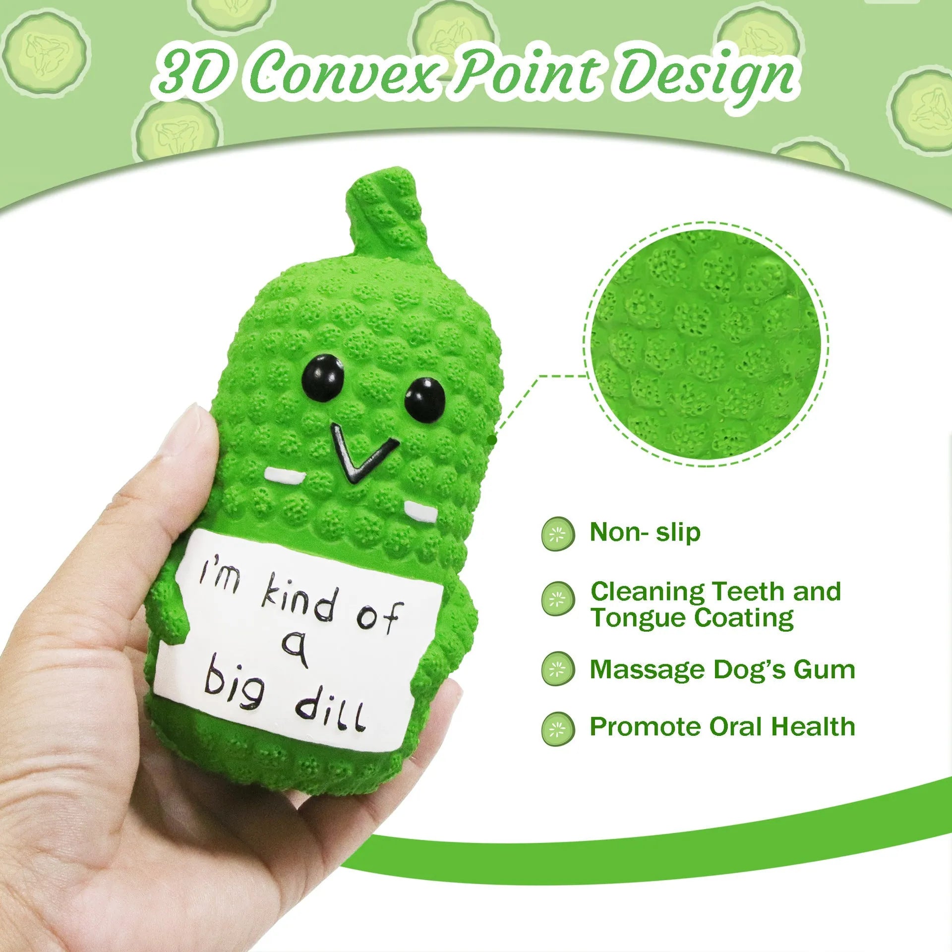 Green pickle-shaped squeaky dog toy with textured surface for teeth cleaning