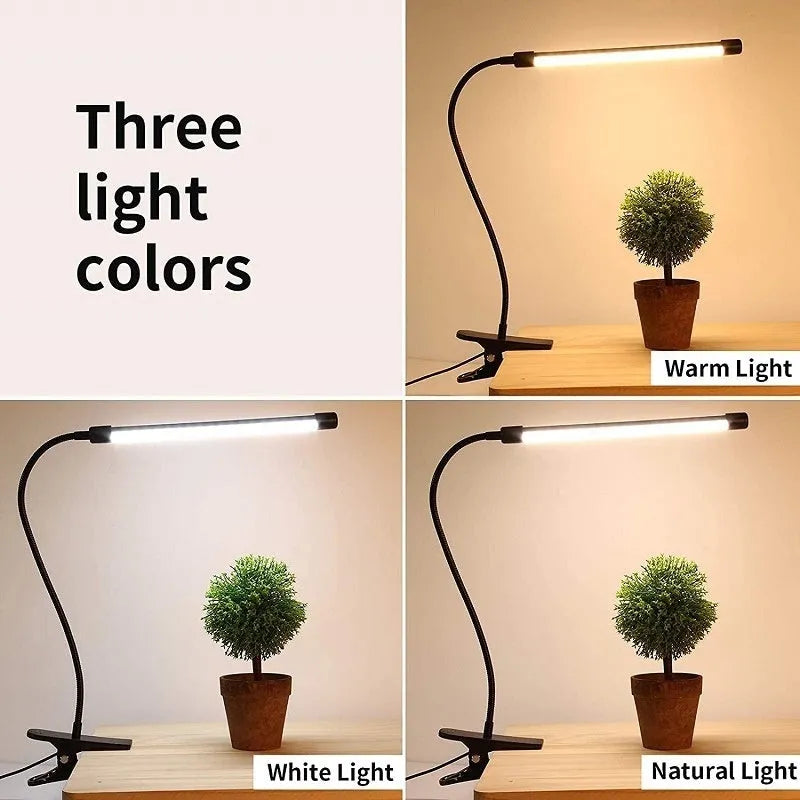 Black and white LED desk lamp with USB cable and 26cm long light bar on a desk.