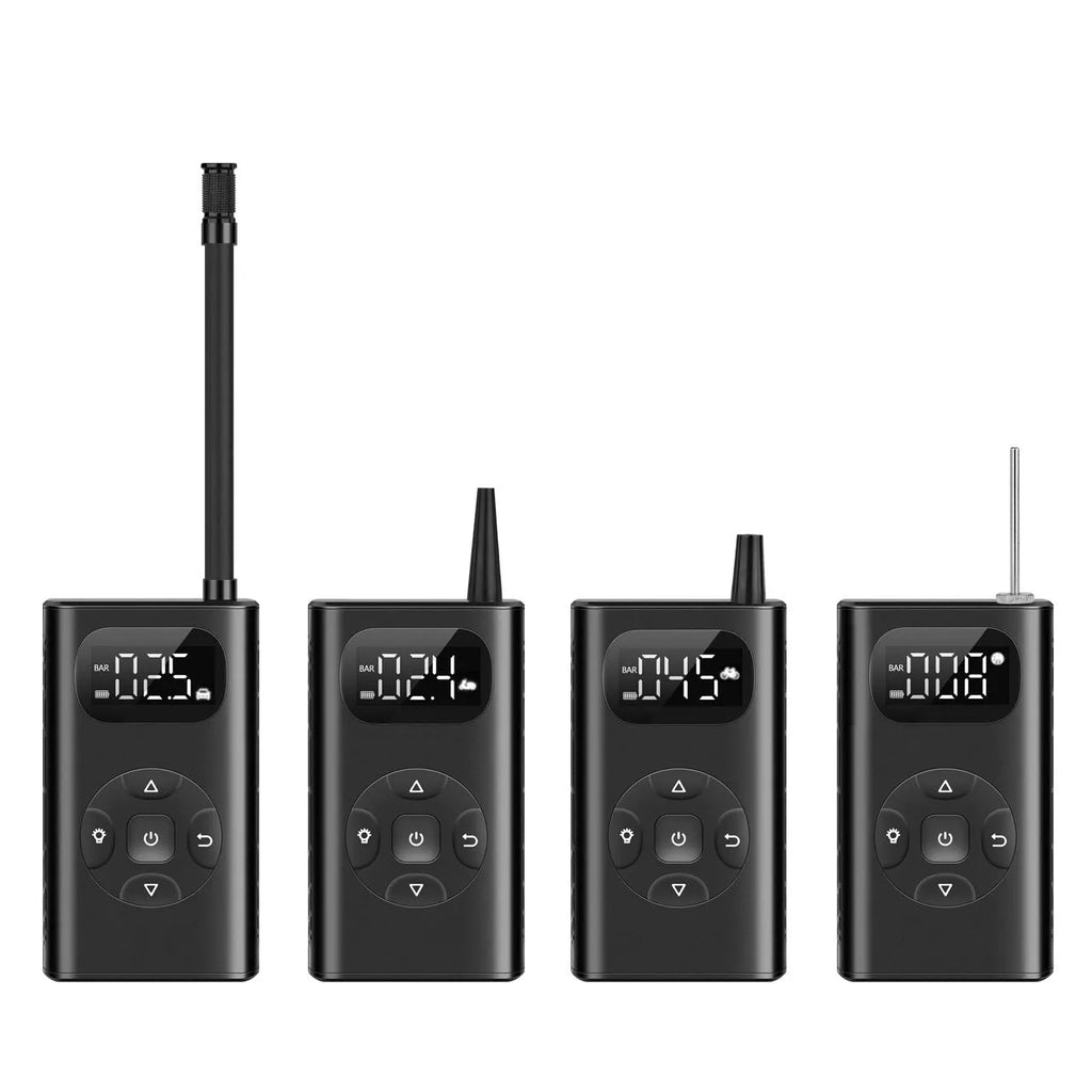 Black portable digital tyre inflator with power bank, USB cable, and 16cm tube on a grey background.