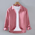 Pure linen men's shirt in cardigan style with long sleeves, shown in solid colour