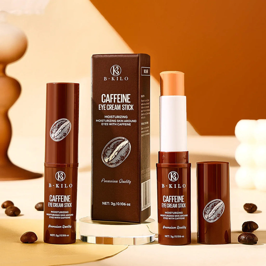 Caffeine eye cream stick in roll-on applicator for dark circles and fine lines.