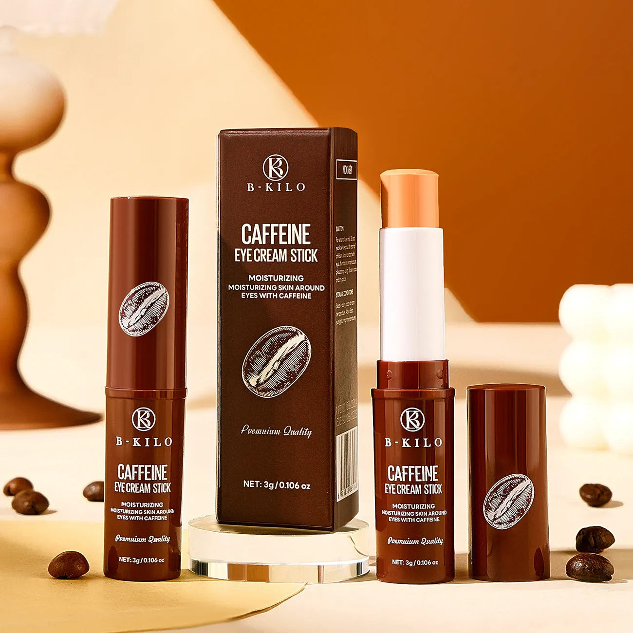 Caffeine eye cream stick in roll-on applicator for dark circles and fine lines.