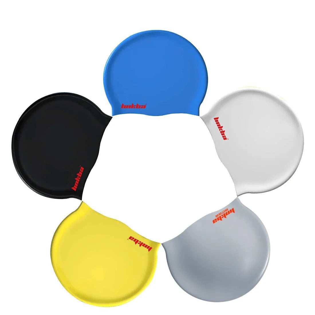 Silicone swimming cap with earmuff design for ear protection, shown in various colours